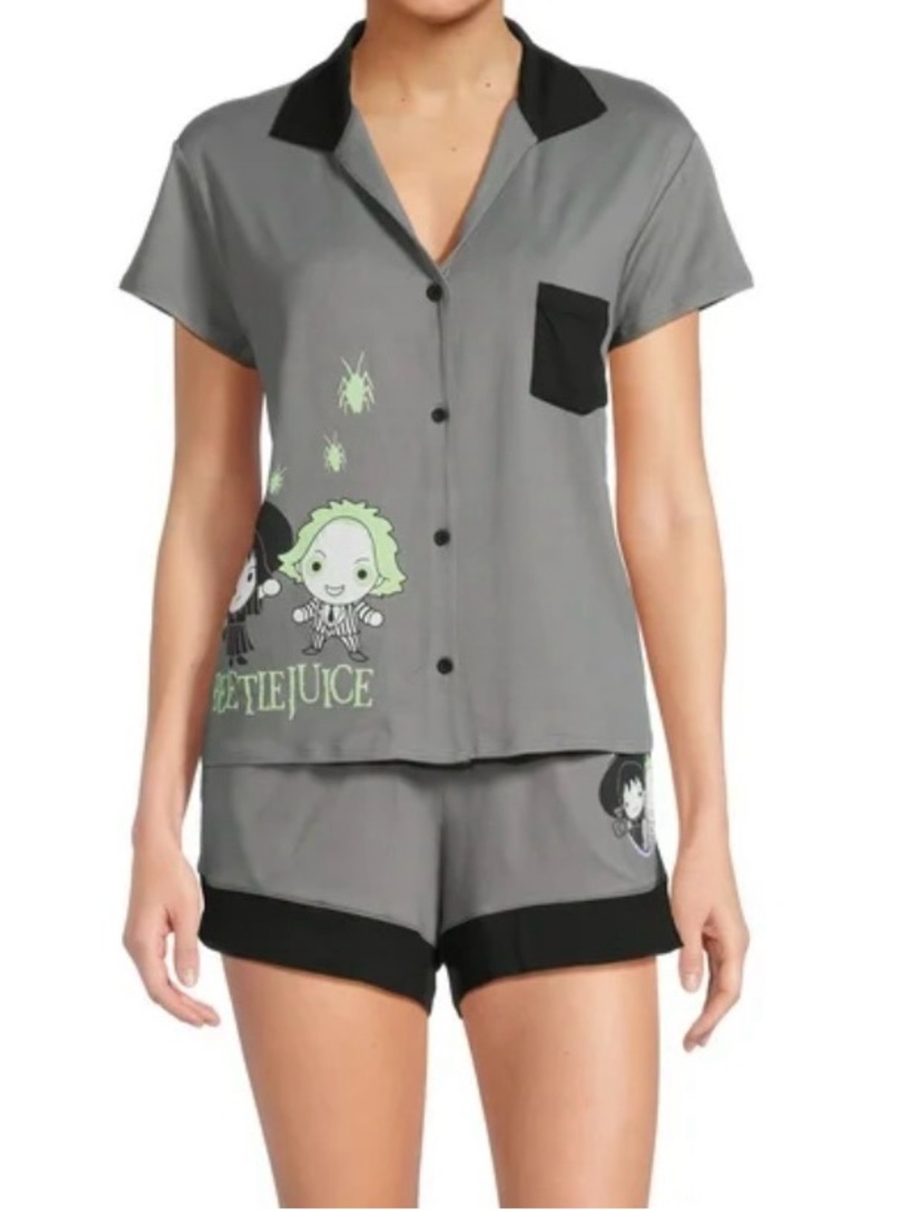 Beetlejuice Women's Gray Short Pajama Set with Black Trim
